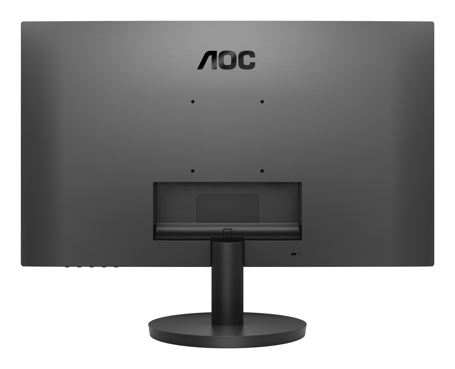 Parte trasera de un monitor AOC gris con el logotipo de la marca en la parte superior. Tiene un soporte y puertos en la parte inferior.