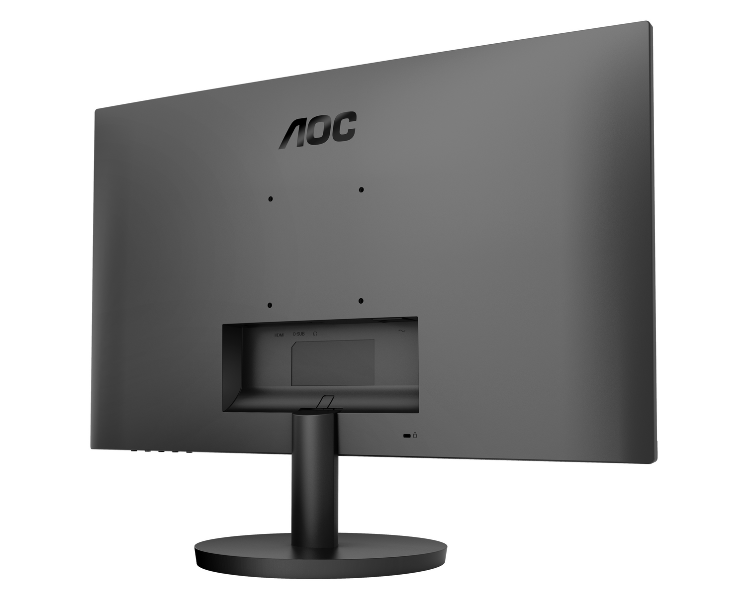 Vista trasera de un monitor AOC negro. Tiene un soporte, puertos y el logo AOC. El fondo es blanco.