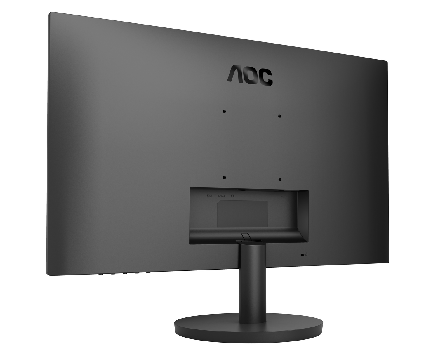 Se muestra la parte trasera de un monitor AOC negro. Tiene un soporte y puertos. El logotipo de AOC está en la parte superior.