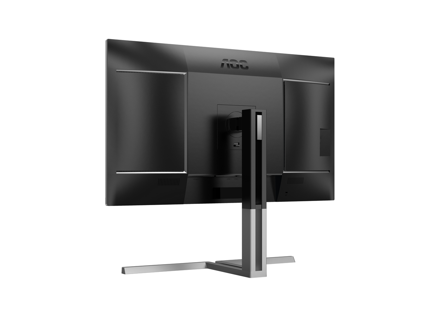 Vista trasera de un monitor de computadora negro con soporte plateado. El monitor tiene el logo AOC en la parte superior, sobre un fondo blanco.