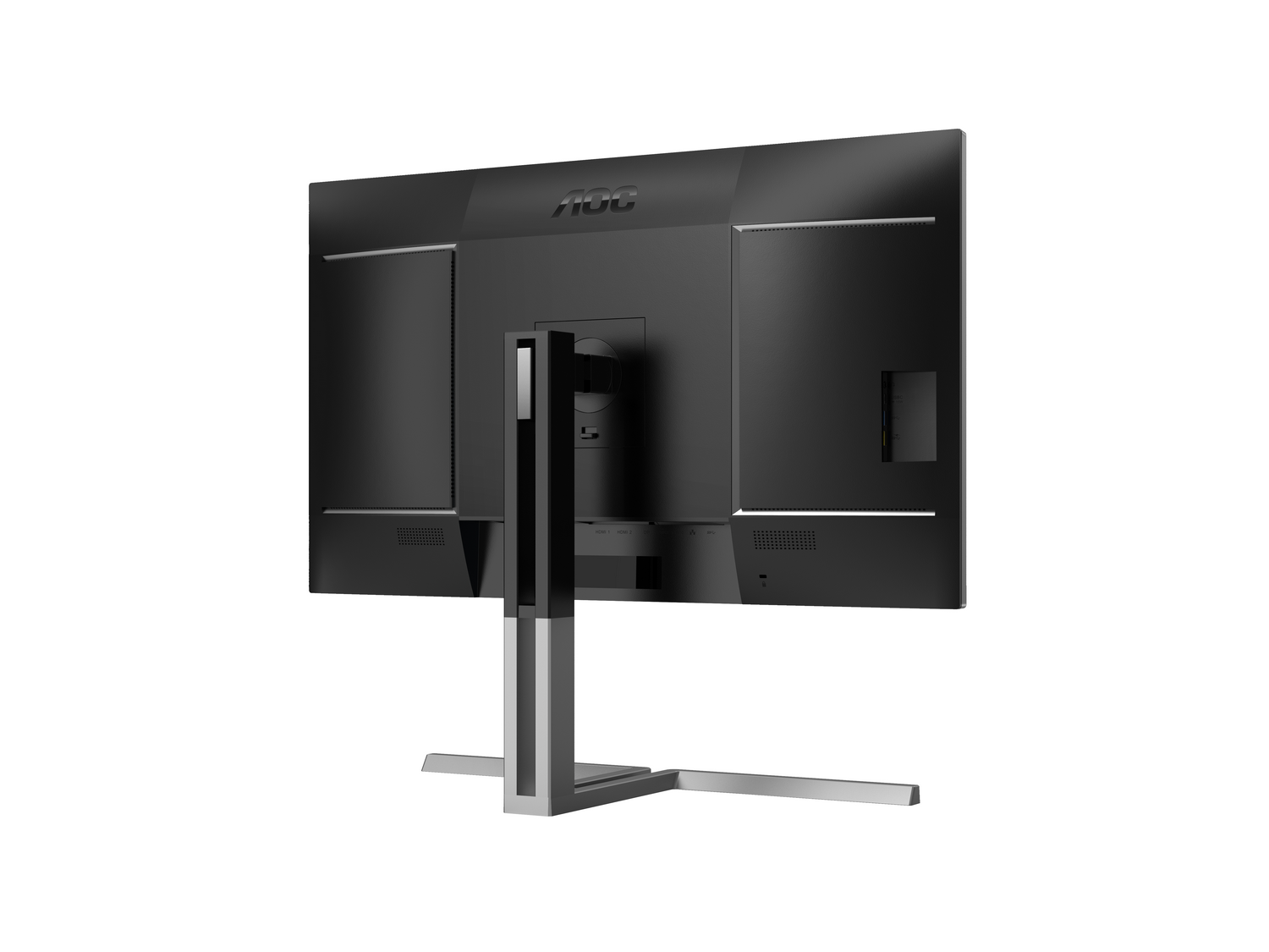 La parte trasera de un monitor AOC negro. Tiene un soporte plateado y el logo de AOC en la parte superior. Se ven puertos y ventilaciones.