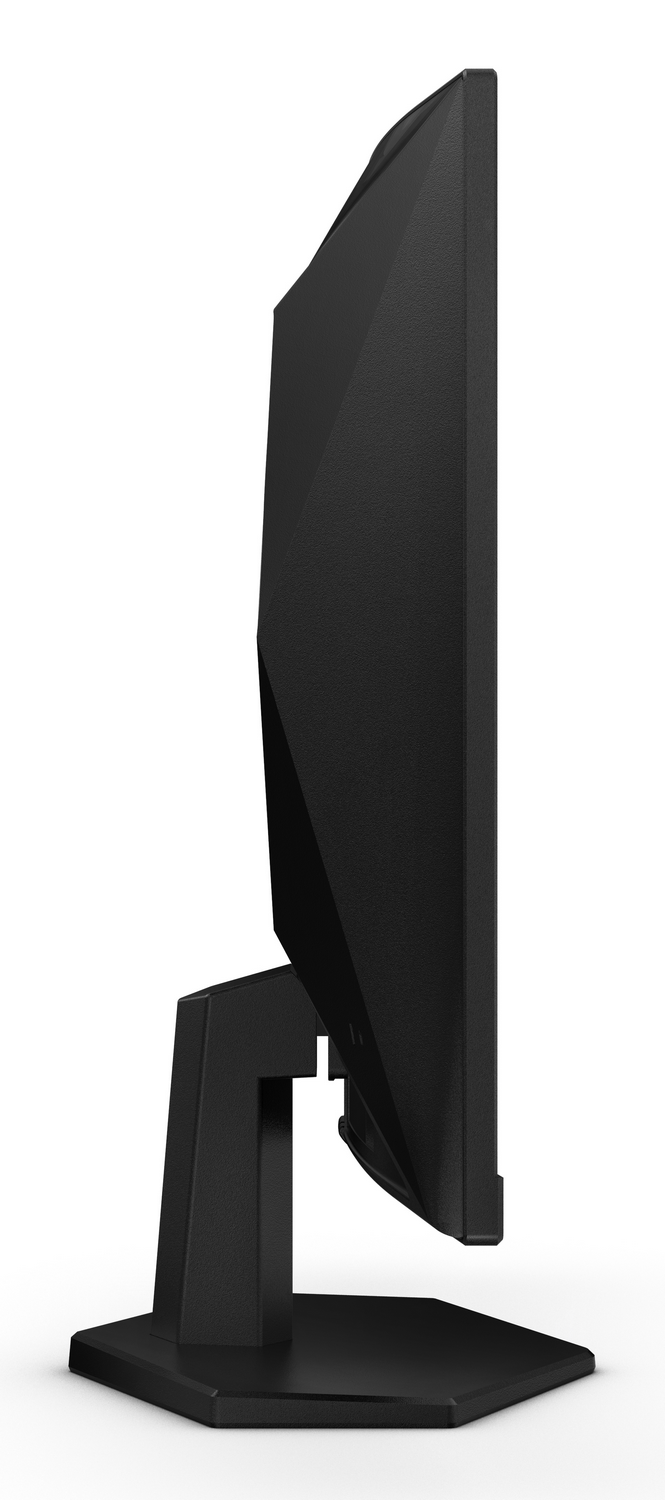 Un monitor de computadora negro de perfil. Se apoya en una base negra con un soporte negro, sobre un fondo blanco.
