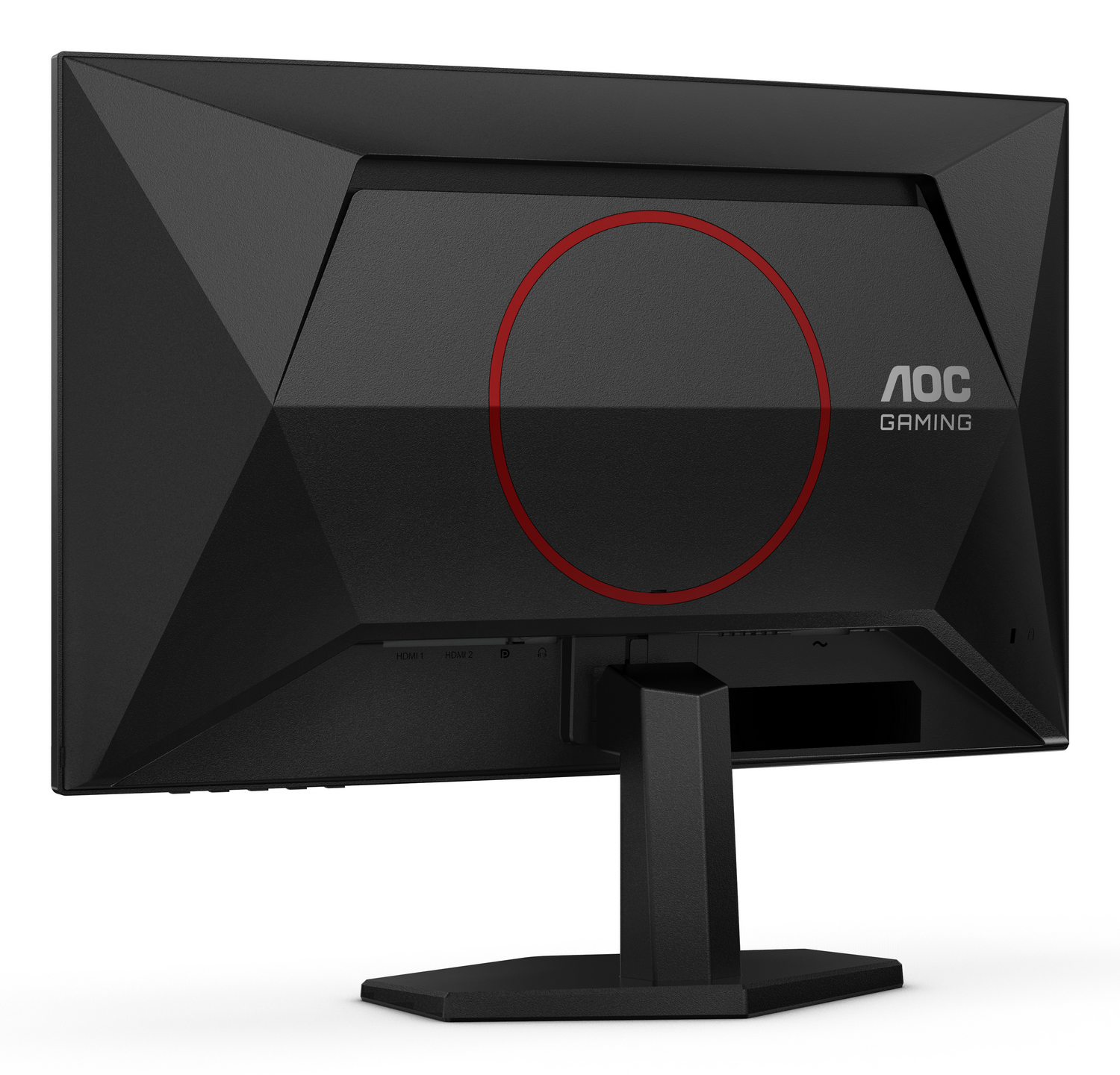 Parte trasera de monitor gaming AOC negro. Logotipo de círculo rojo, puertos HDMI. Soporte y base visibles. Fondo blanco.