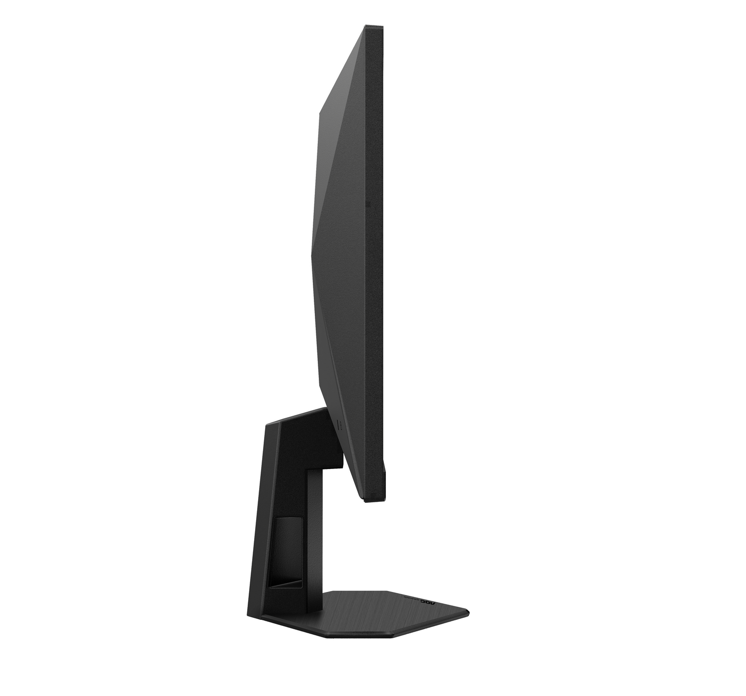 Vista lateral de un monitor de computadora negro. Tiene un soporte y una pantalla. El fondo es blanco.