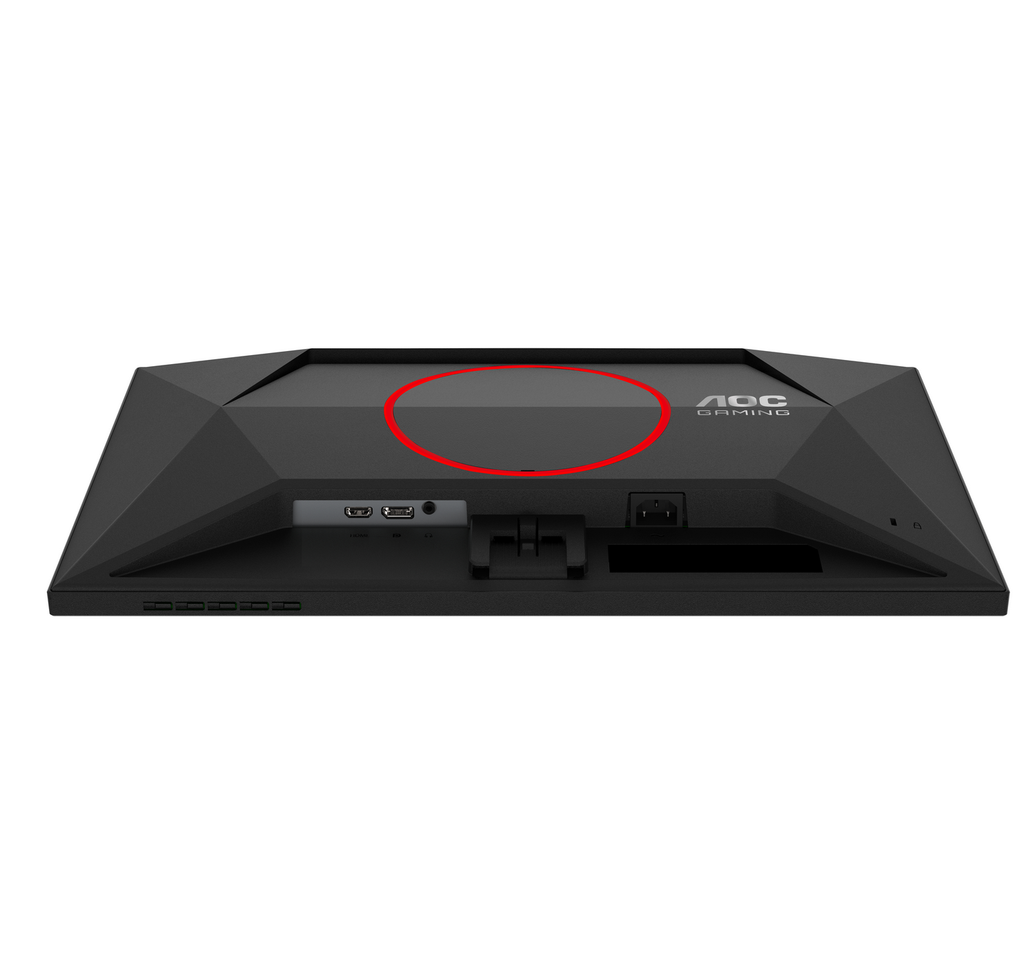 Se muestra la vista trasera de un monitor de juegos AOC negro. Tiene puertos HDMI, USB y alimentación. El logotipo de AOC Gaming es visible a la derecha.