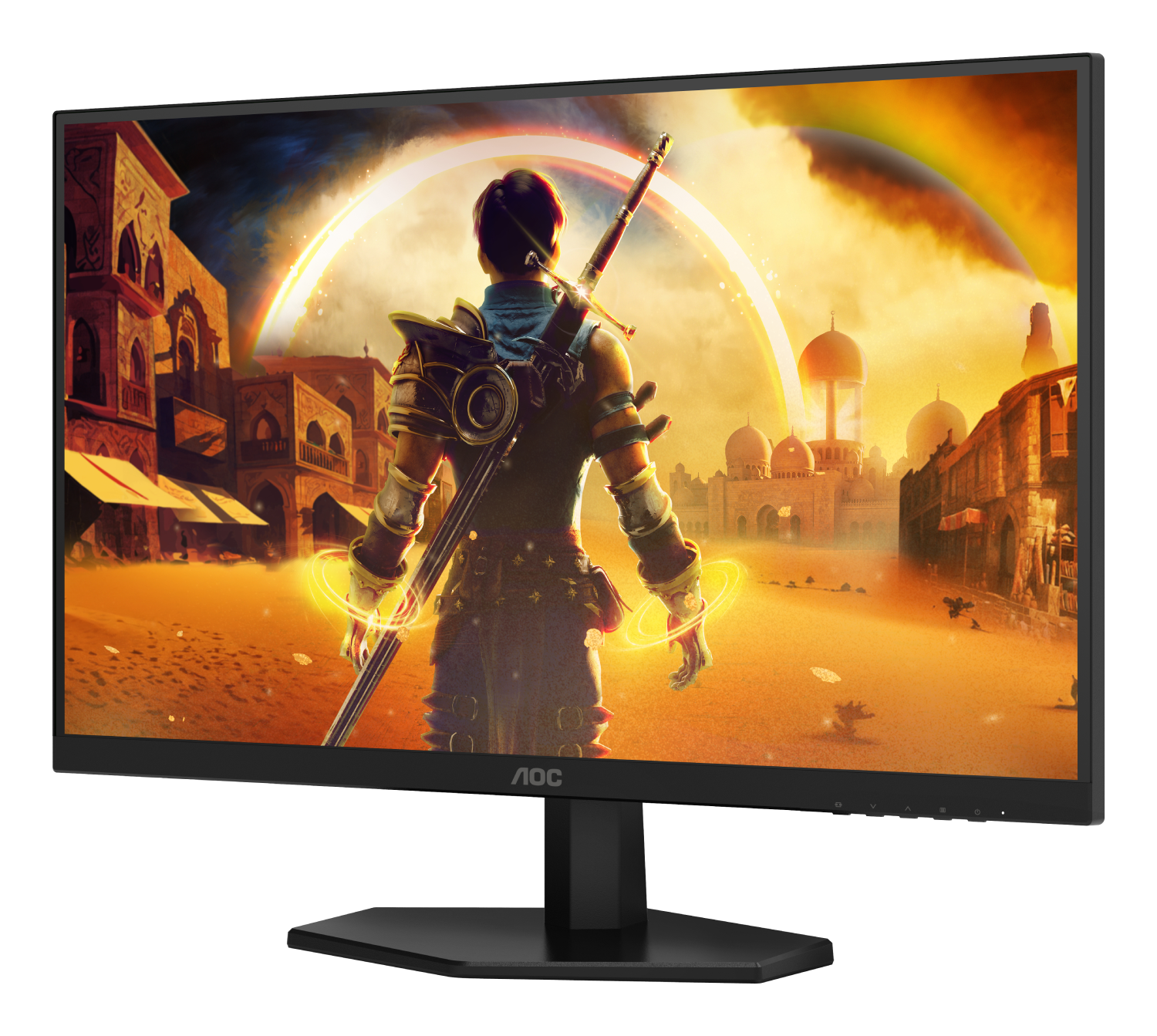 Monitor muestra guerrero con espada en ciudad desértica. Arcoíris al fondo. Logotipo AOC visible abajo.