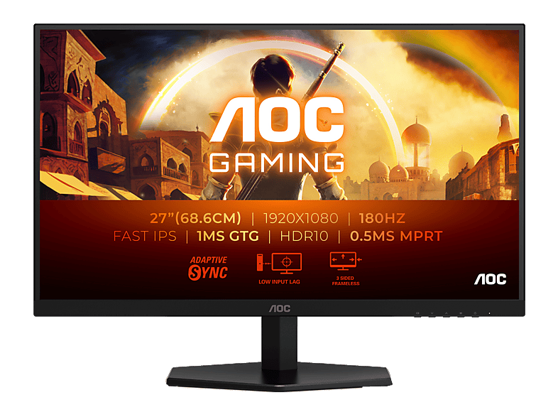 Monitor gaming - AOC 27G42E, 27" Full-HD, 180 Hz, 1 ms, Fast IPS, HDR 10, Adaptive Sync, Sin marco en 3 lados, Negro