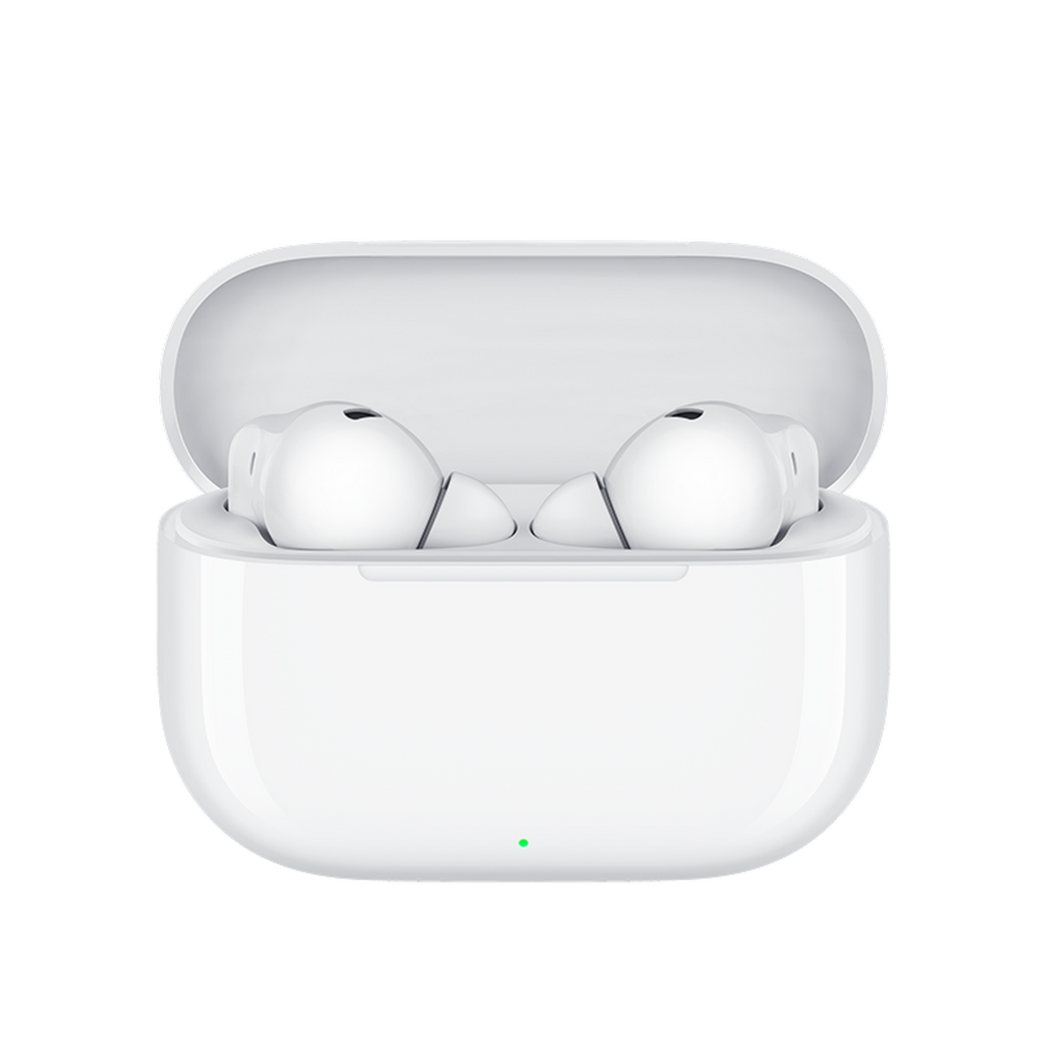 Auriculares blancos en un estuche de carga abierto, mostrando los auriculares. El estuche es blanco con luz indicadora verde sobre fondo gris.