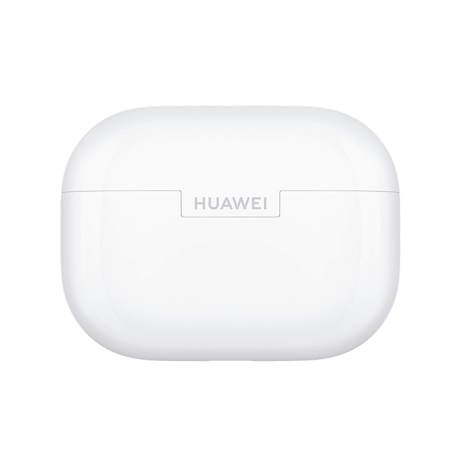Un estuche de carga blanco para auriculares Huawei con el nombre de la marca en la parte delantera, sobre un fondo gris.