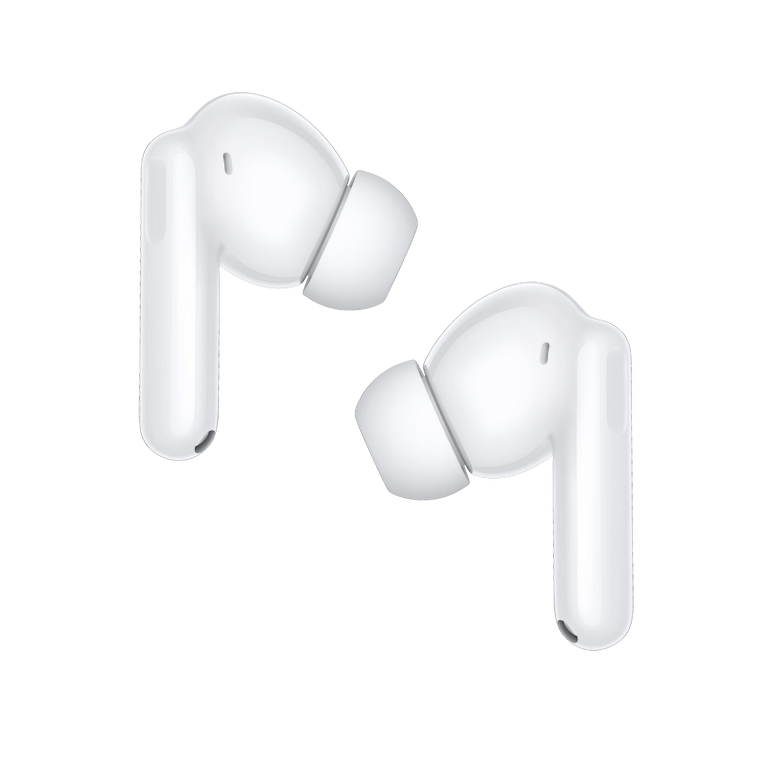 Dos auriculares inalámbricos blancos aislados sobre un fondo gris. Cada auricular tiene una cabeza redondeada y un tallo.