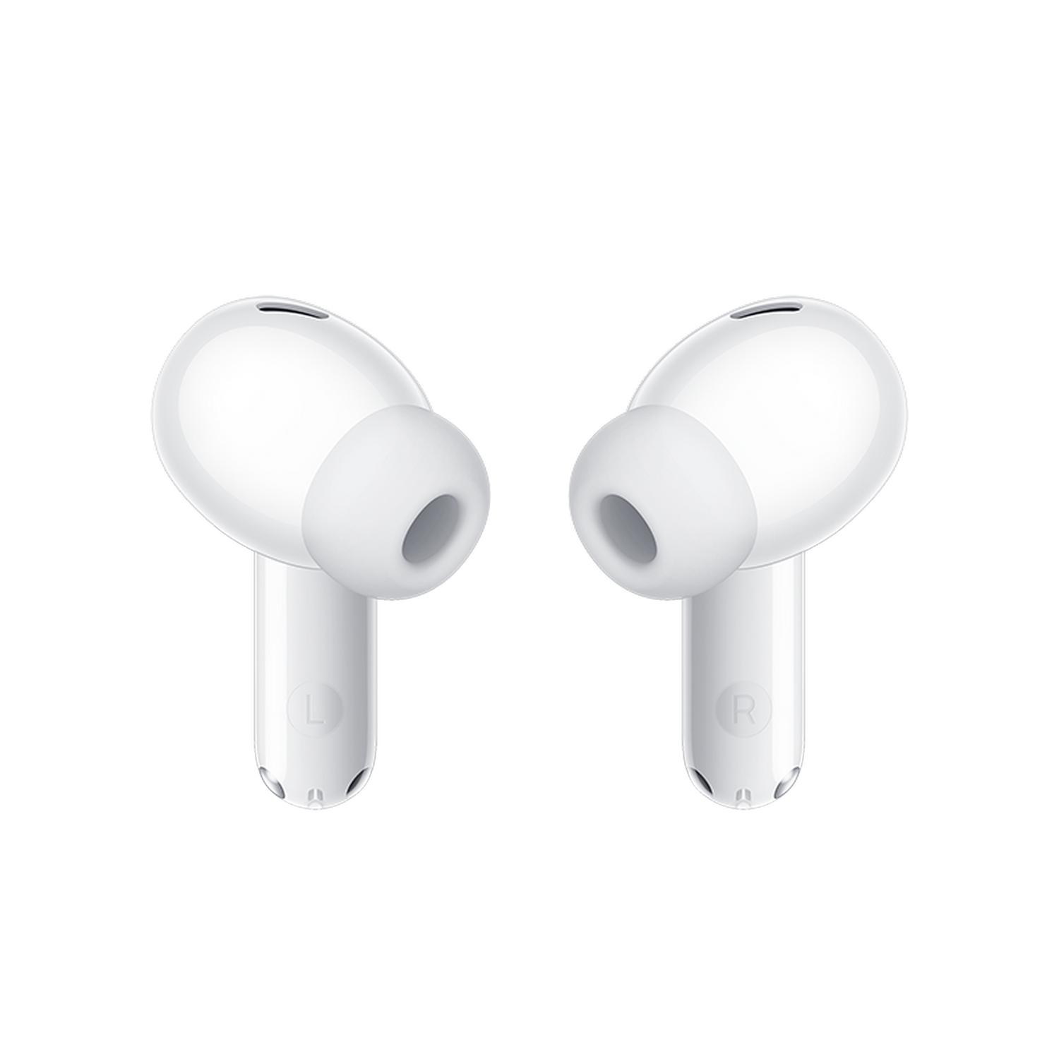 Dos auriculares inalámbricos blancos sobre fondo gris. Uno marcado con 'L' y otro con 'R'.