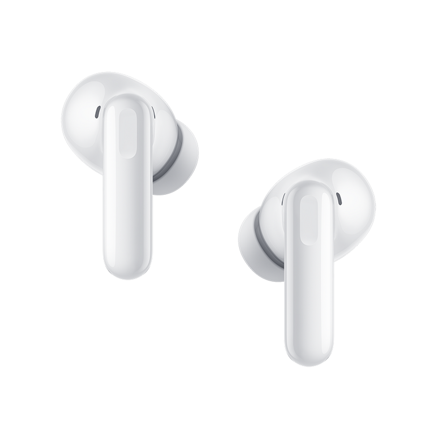 Dos auriculares inalámbricos blancos, ligeramente angulados. Cada uno tiene un auricular redondeado y un tallo más largo y rectangular. Fondo gris.