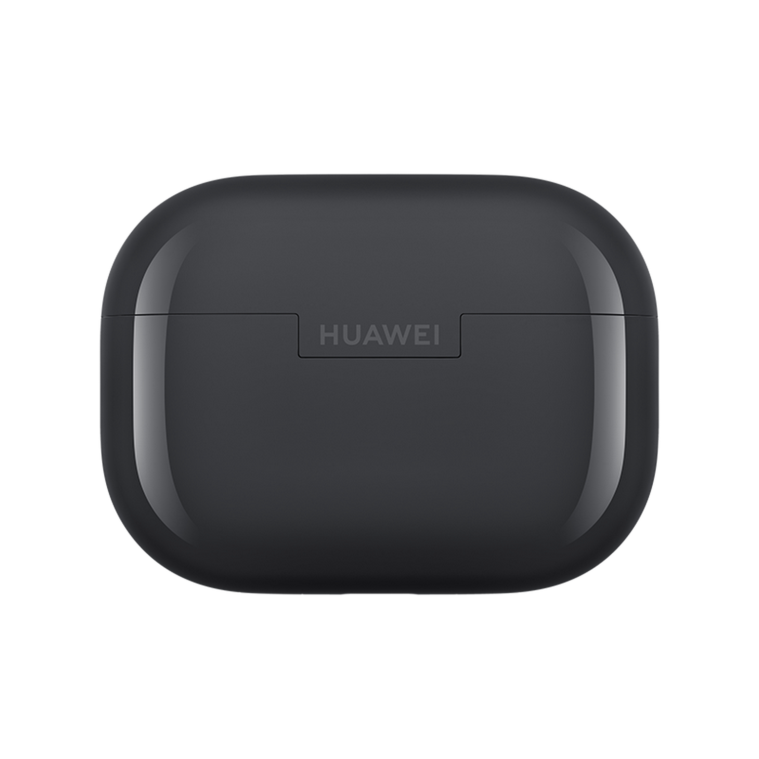 Un estuche de auriculares Huawei cerrado, de color gris oscuro. El nombre de la marca, HUAWEI, está impreso en el centro de la mitad superior del estuche.
