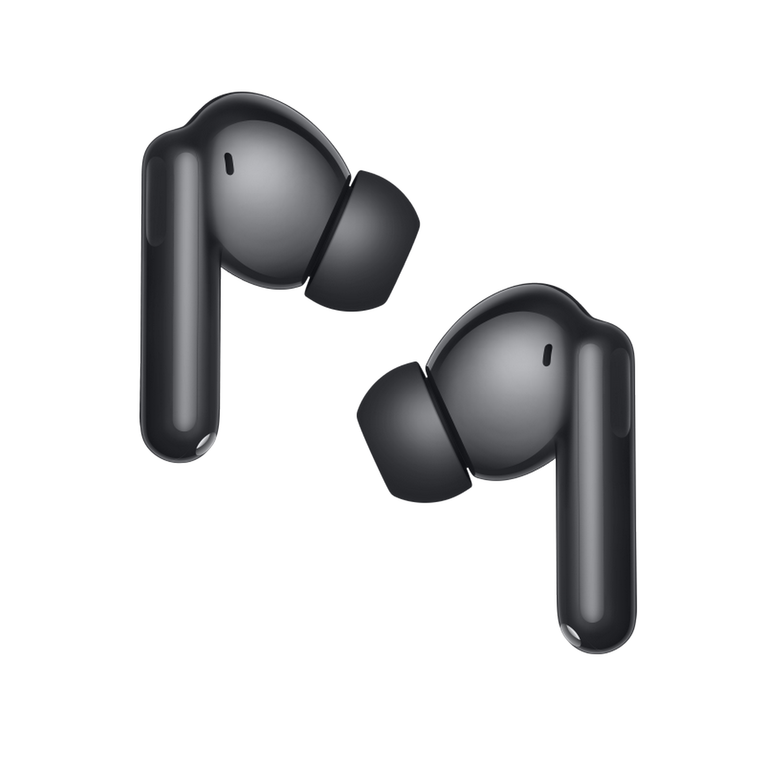 Dos auriculares inalámbricos negros sobre un fondo gris. Cada uno tiene un tallo y una punta redondeada.