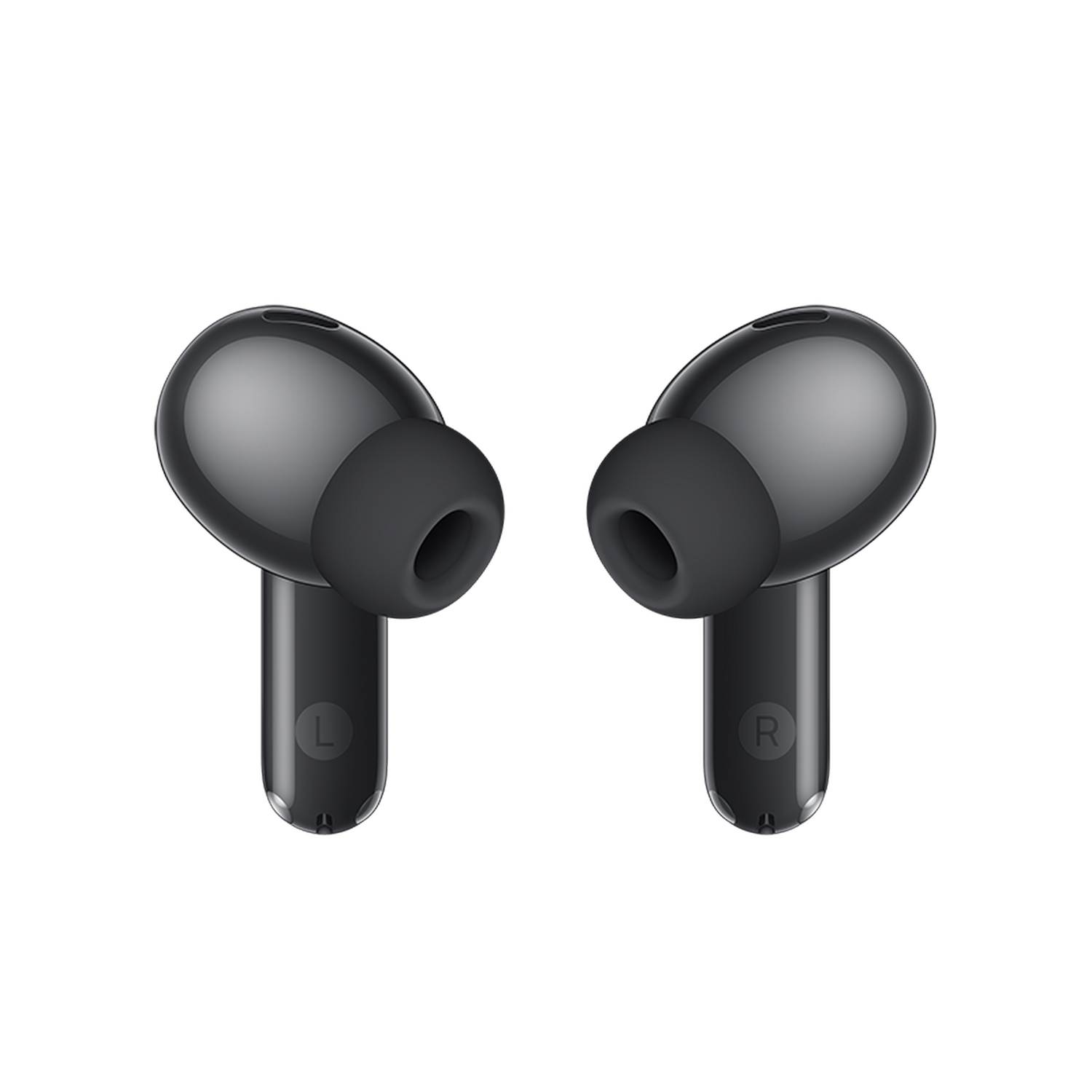 Dos auriculares inalámbricos negros sobre un fondo gris. El auricular izquierdo tiene una "L" y el derecho una "R".