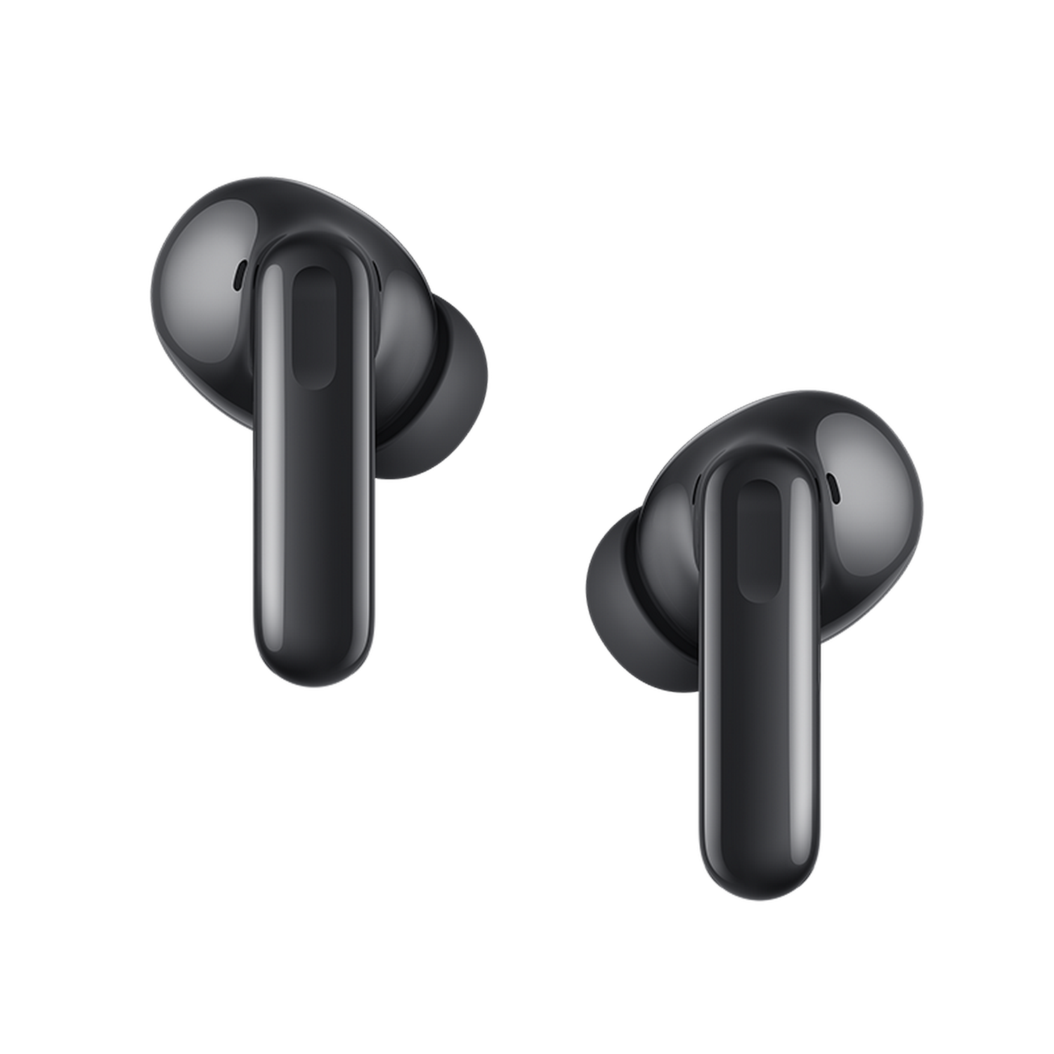 Dos auriculares inalámbricos negros sobre un fondo gris. Cada auricular tiene una cabeza redondeada y un tallo largo y rectangular.