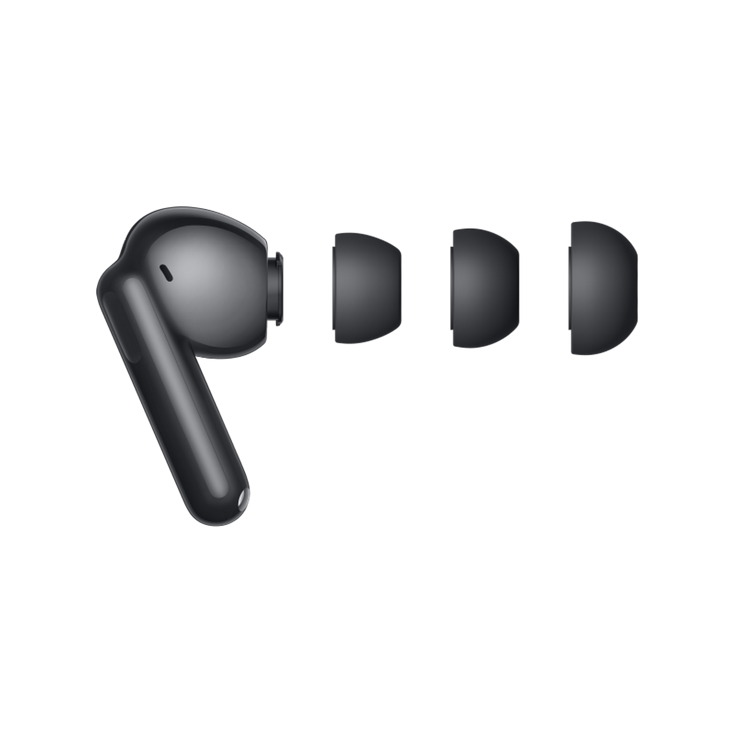 Auricular inalámbrico negro con tres puntas de repuesto sobre un fondo gris. El auricular está en ángulo, mostrando el tallo y el auricular.