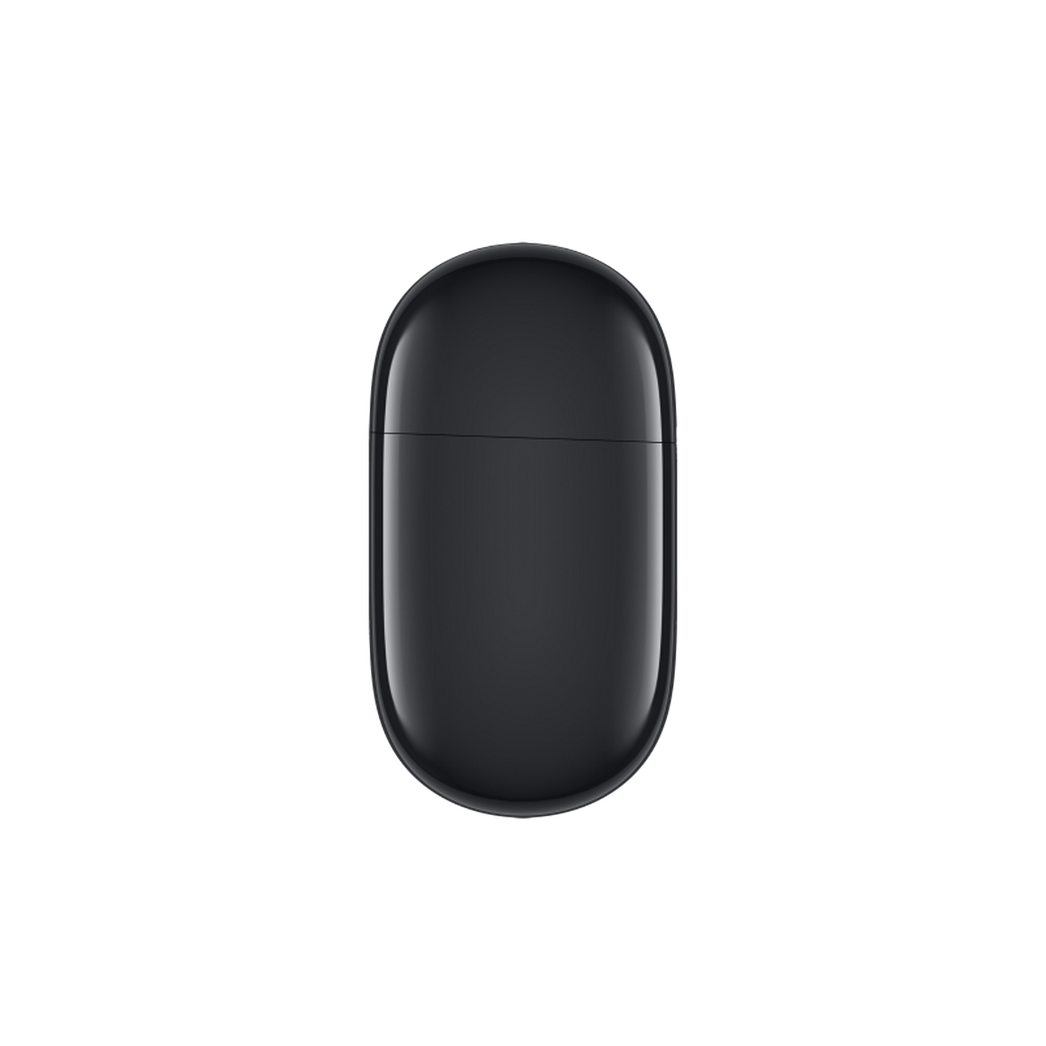 Un estuche negro, ovalado para auriculares sobre un fondo gris. El estuche está cerrado, con una costura sutil. La superficie es brillante.