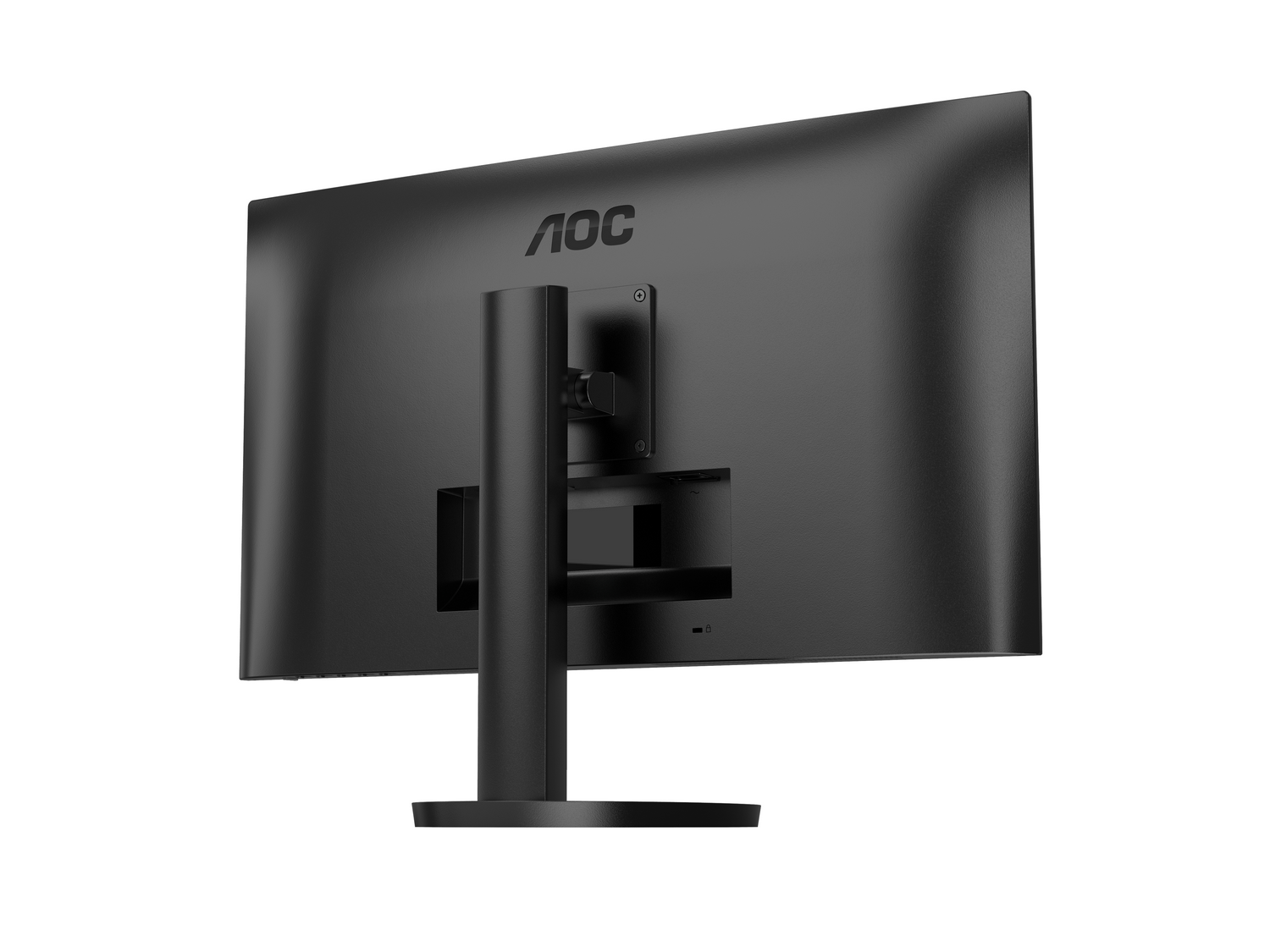 Parte trasera de un monitor AOC negro sobre fondo blanco. El monitor tiene un soporte y el logotipo de AOC es visible.