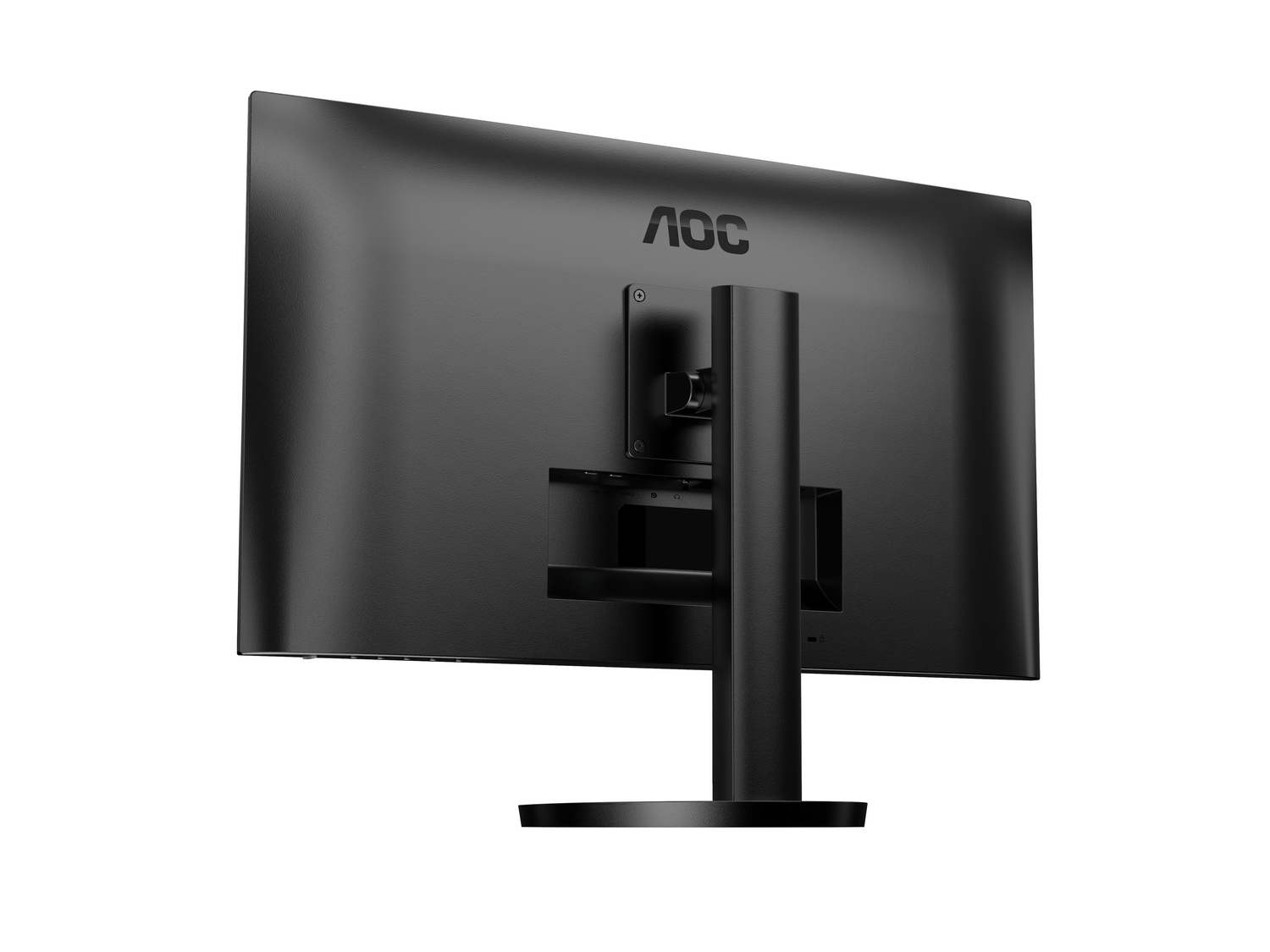 Vista trasera de un monitor AOC negro. El monitor tiene un soporte y el logotipo de AOC. El fondo es blanco.