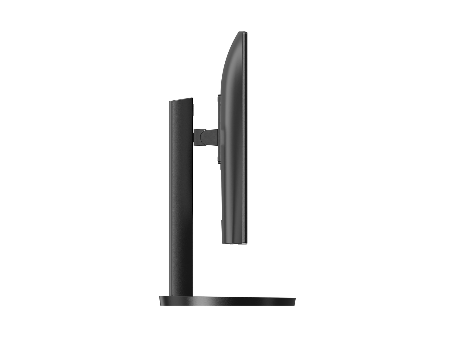 Vista lateral de un monitor de computadora negro. Tiene un soporte y está sobre un fondo blanco, lo que ilustra un diseño limpio y minimalista.