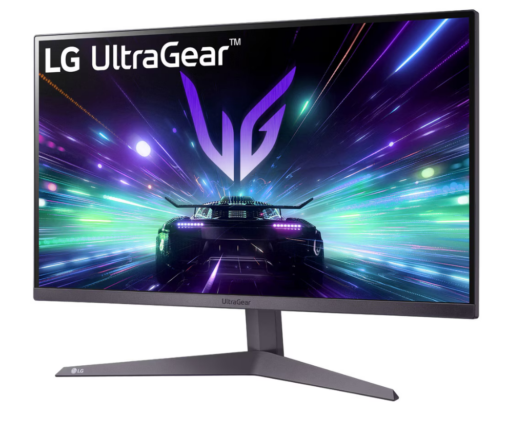 LG UltraGear monitör, bir yarış arabası grafiği görüntüler. Monitör siyah bir çerçeveye ve standa sahiptir.