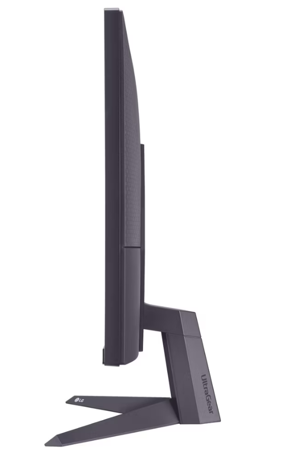 Koyu gri bir LG UltraGear monitörün yan görünümü. Ekran ince, UltraGear logosu ve LG logosu bulunan bir stand.