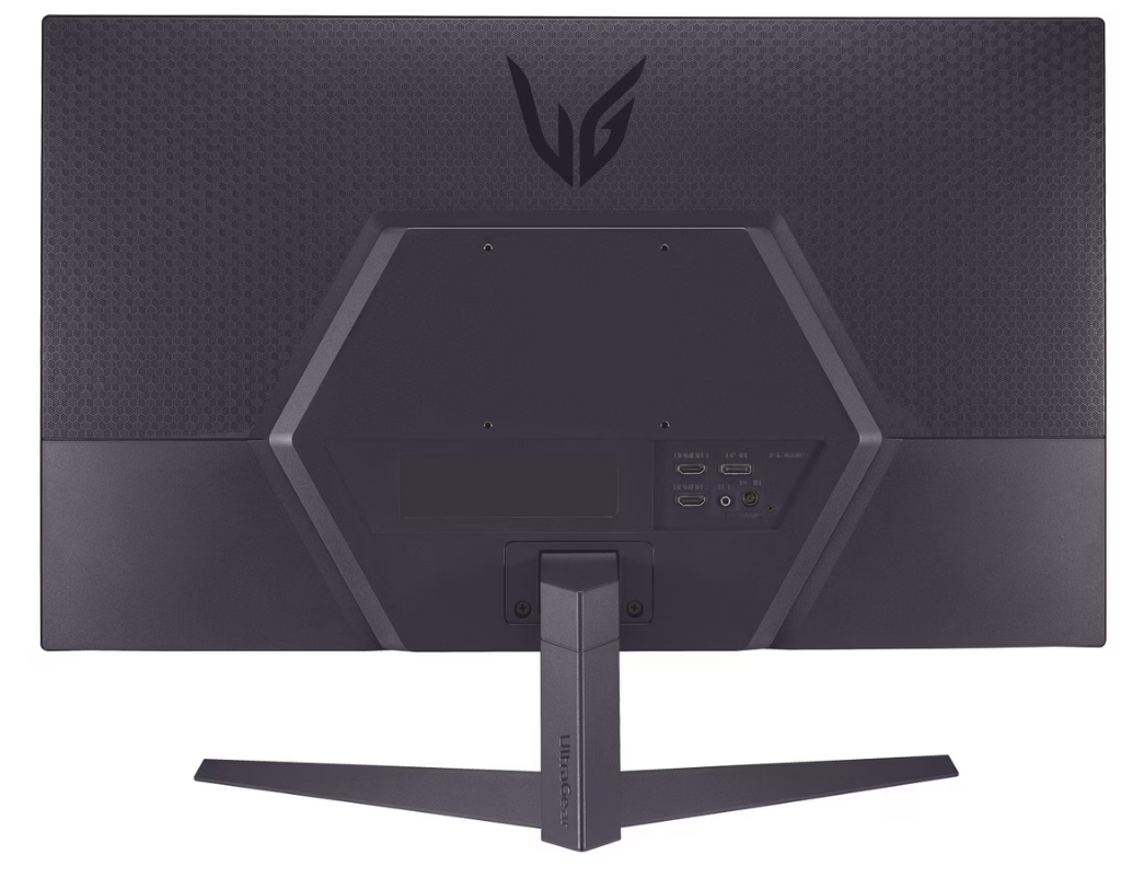Koyu gri bir LG UltraGear monitörün arkası. Portlar, stand ve UltraGear logosu bulunur. Arkada altıgen desen.