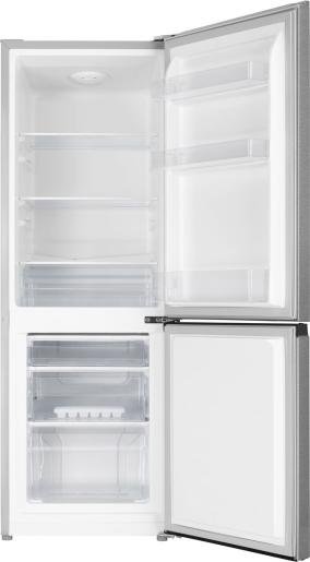 Ein offener Kühlschrank. Die obere Tür ist geöffnet und zeigt Regale, die untere Tür ist ebenfalls offen und zeigt Schubladen und Stauraum.