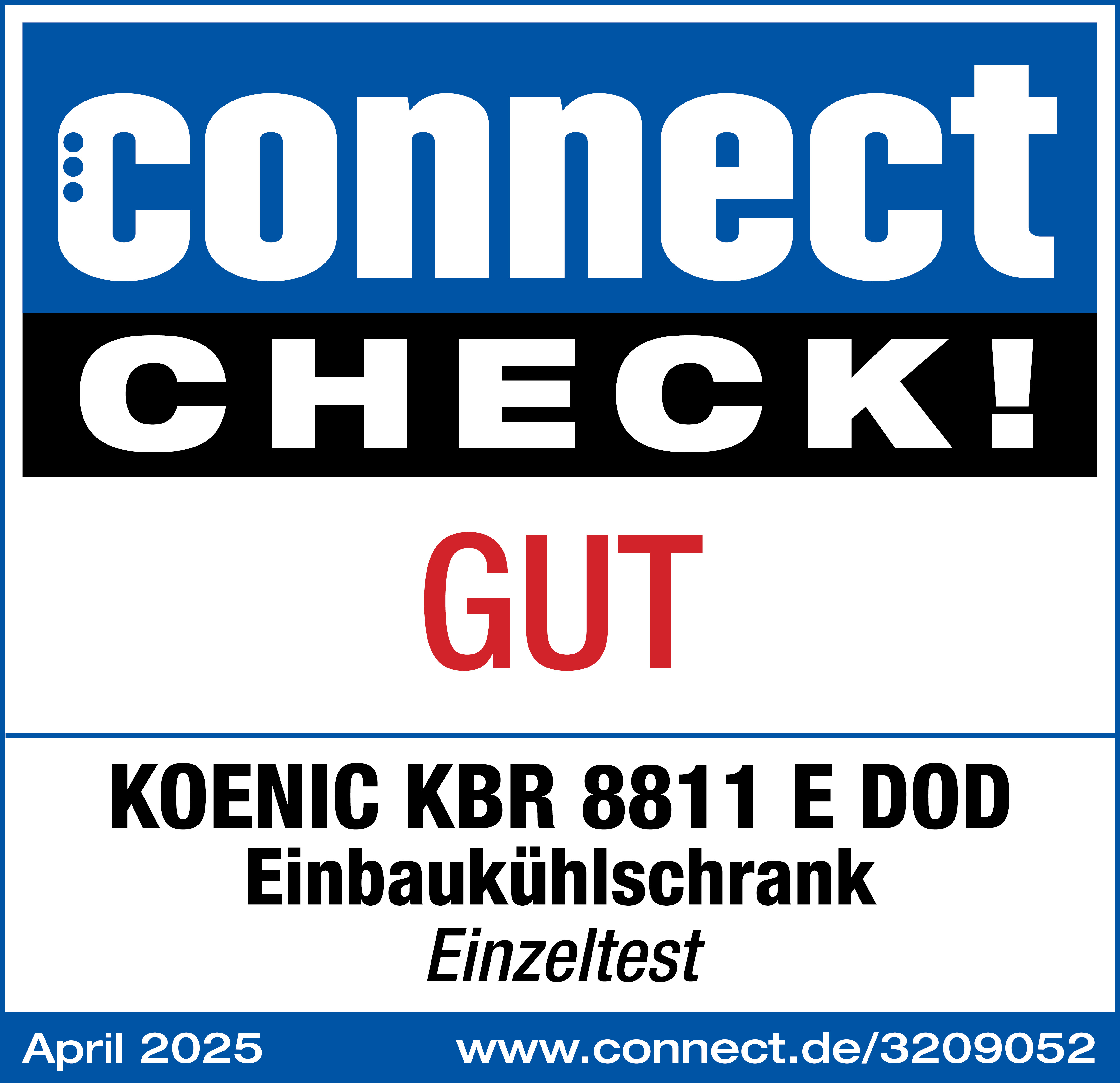 Blaues und weißes Logo mit 'connect CHECK!' und 'GUT'. Darunter Produktinfo: KOENIC KBR 8811 E DOD, April 2025.