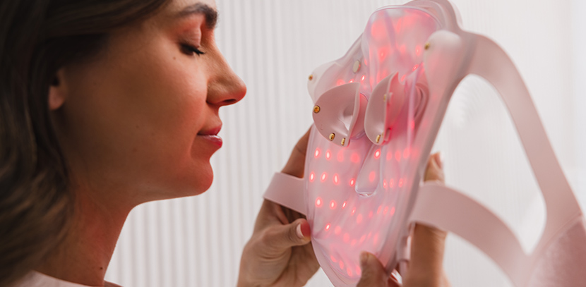 Eine Frau hält eine rosa LED-Gesichtsmaske. Sie hat rote Lichter und sie schaut sie an. Der Hintergrund ist eine weiße Wand.