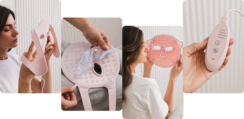 Eine Frau hält eine rosa LED-Gesichtsmaske. Die Maske hat kleine Lichter. Sie ist an ein Bedienfeld angeschlossen. Die Frau trägt ein weißes Hemd.