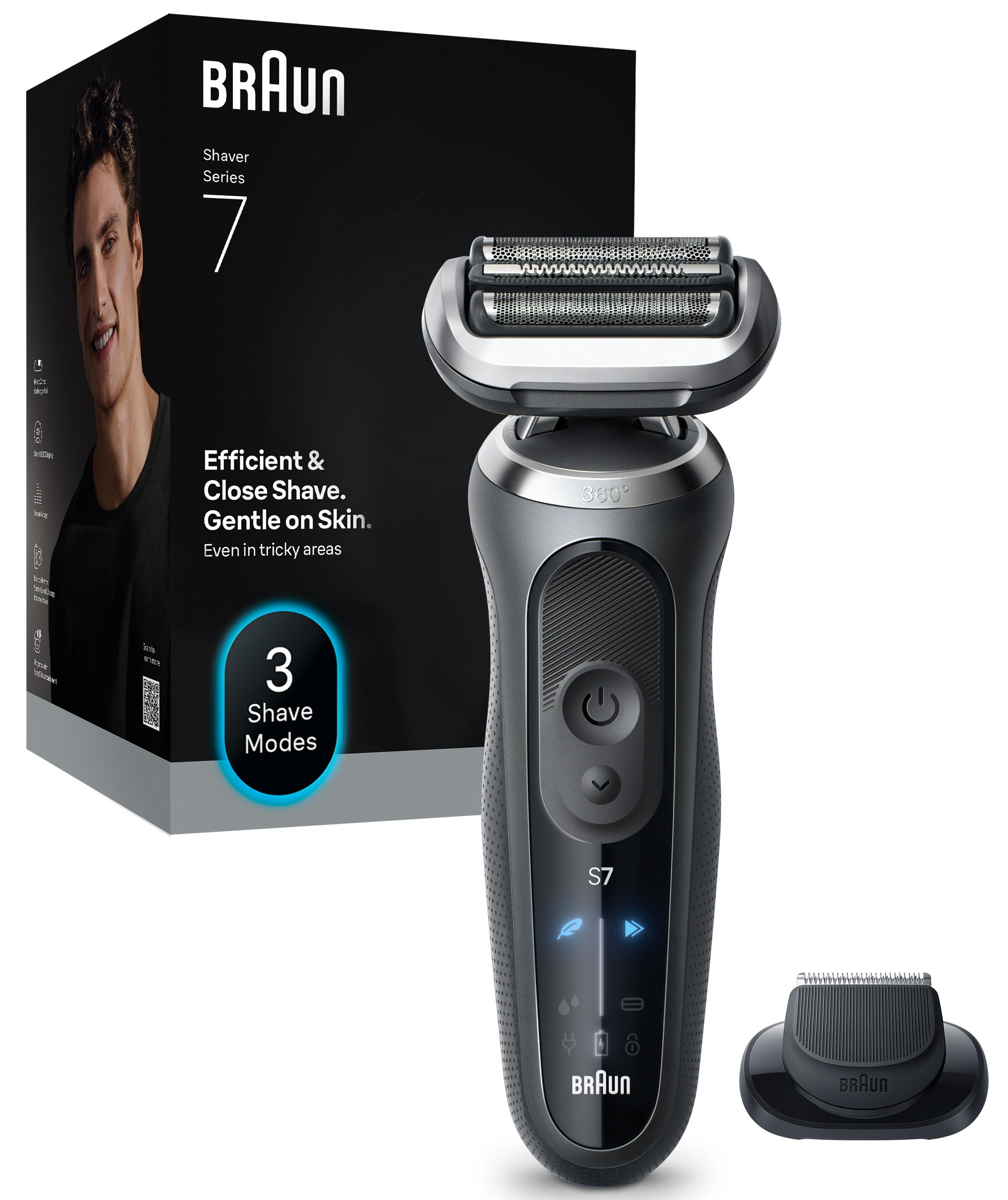 Golarka elektryczna w czarno-srebrnym designie jest wyświetlana ze swoim pudełkiem, na którym widnieje twarz mężczyzny i logo marki.