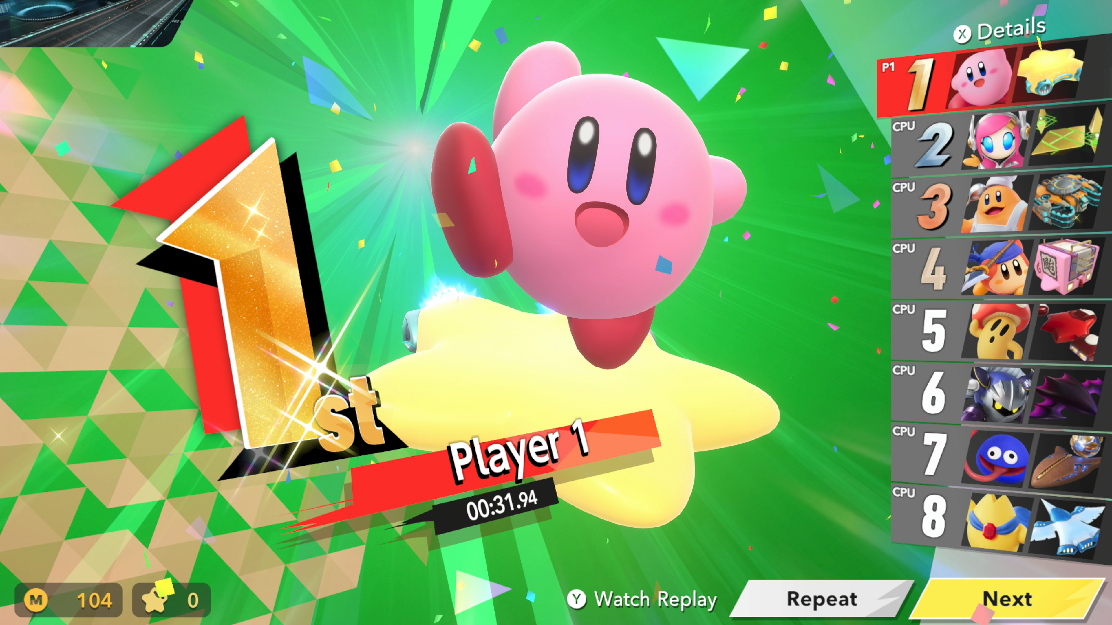 Personaggio di Kirby su una stella, festeggia la vittoria. Lo sfondo è verde con grafica '1st', dettagli del giocatore visibili.