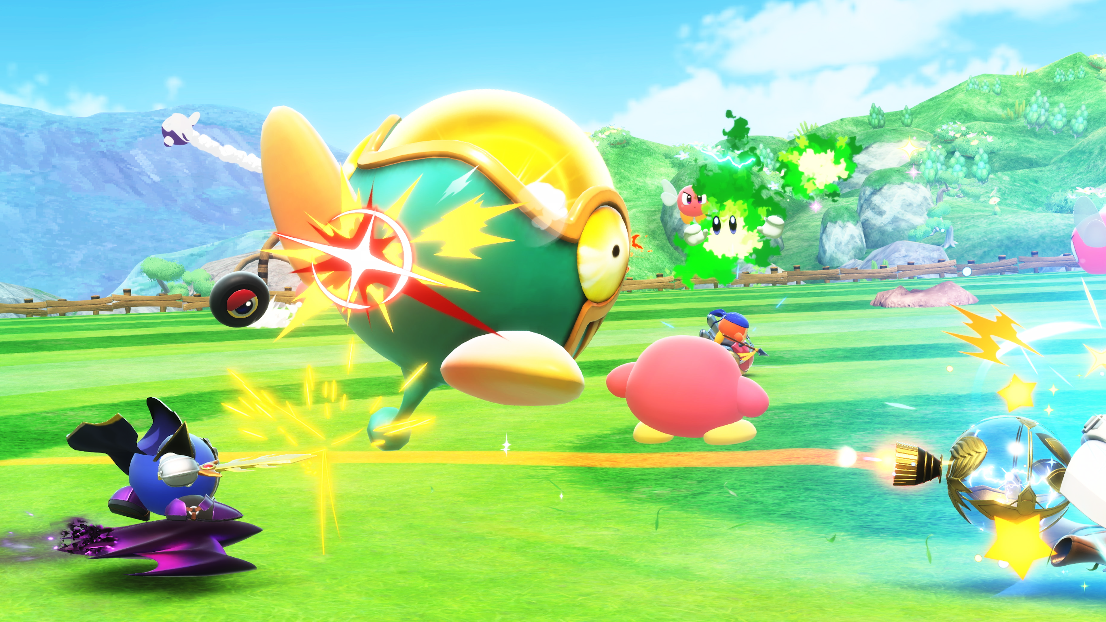 Una scena vibrante con personaggi simili a Kirby. Un personaggio verde simile a un aereo è in movimento, altri personaggi volano o sparano.