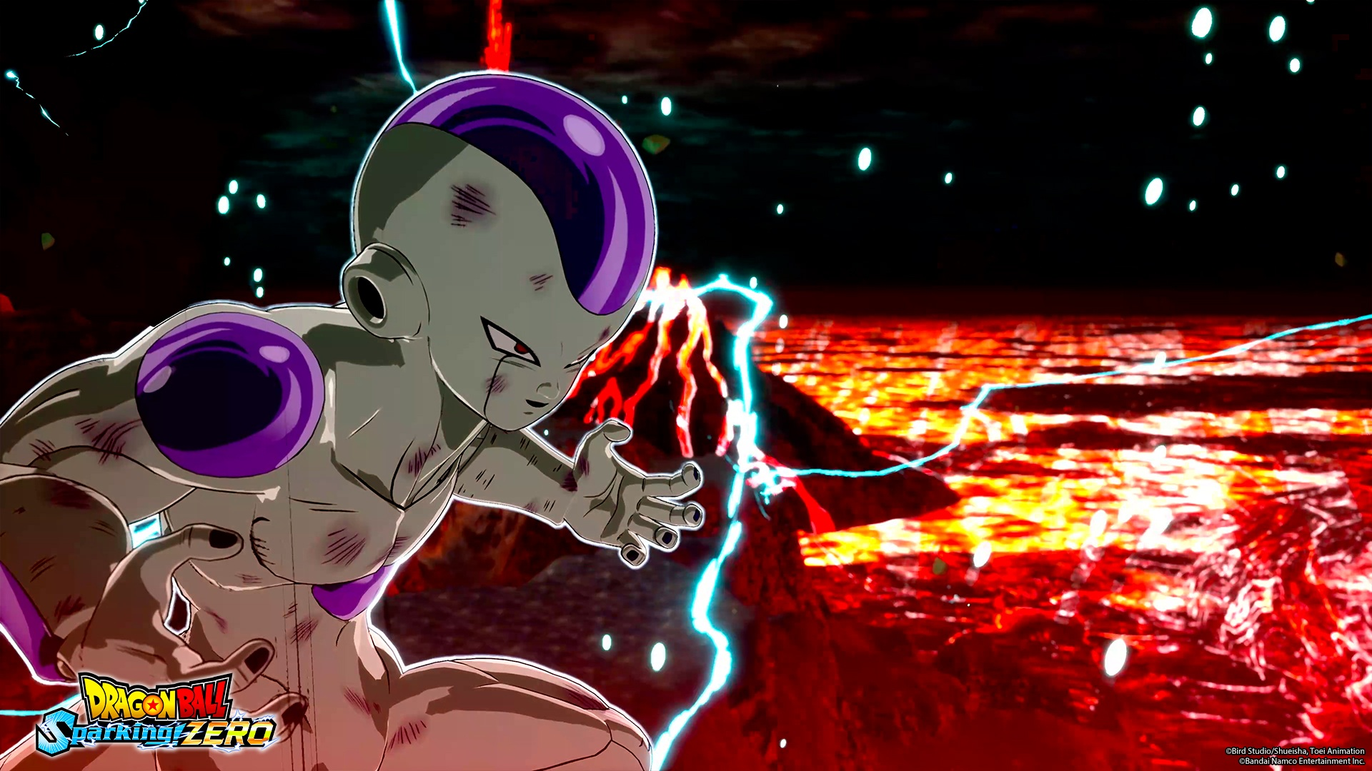 Frieza aus Dragon Ball Z. Er ist lila und weiß, mit einem bedrohlichen Gesichtsausdruck. Blitze und ein feuriger Hintergrund sind vorhanden.
