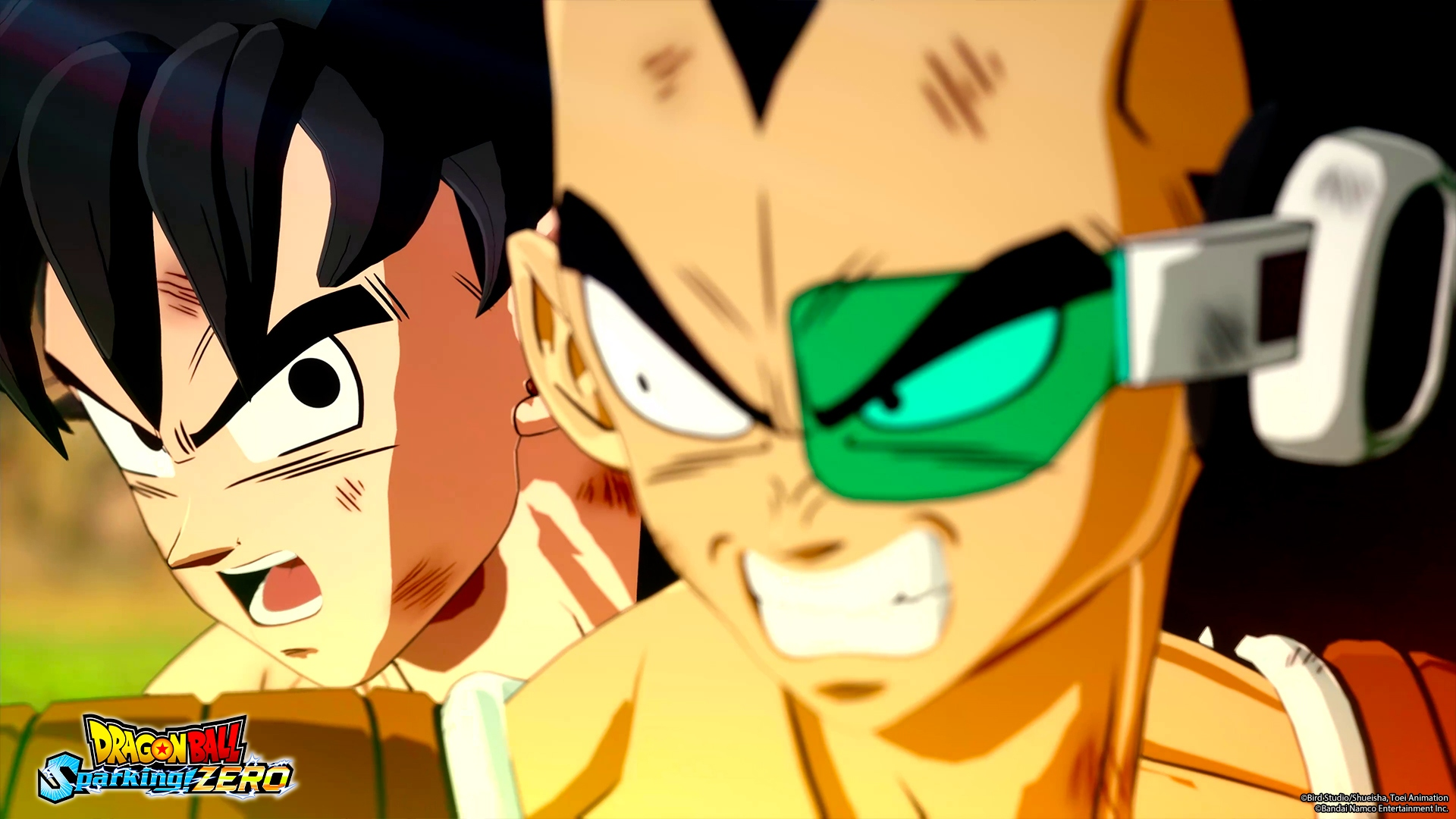 Zwei Dragonball Z-Charaktere, Goku und Raditz, stehen sich gegenüber. Goku sieht schockiert aus, während Raditz mit seinem grün getönten Scouter grinst.