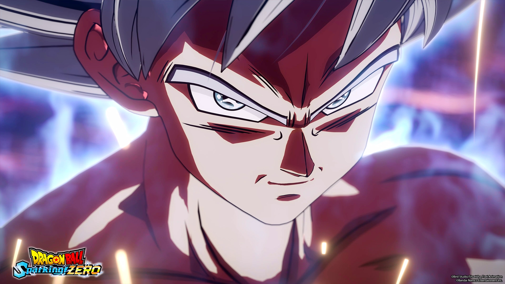 Nahaufnahme von Goku aus Dragon Ball Z. Er hat stacheliges weißes Haar, intensive Augen und ist von einem blauen und violetten Energiefeld umgeben.