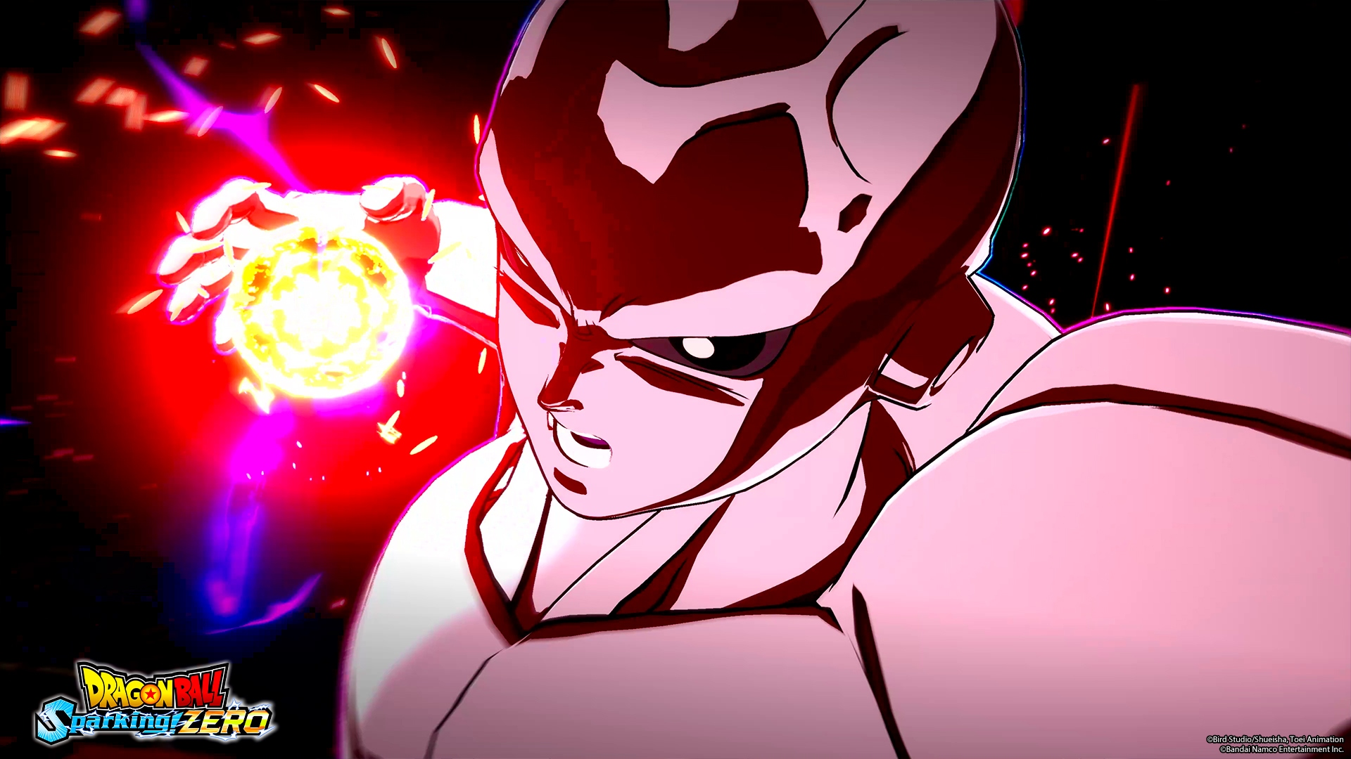 Eine Figur aus Dragon Ball Z hält einen leuchtenden Energieball. Rote und violette Energieausbrüche umgeben ihn. Der Hintergrund ist dunkel.