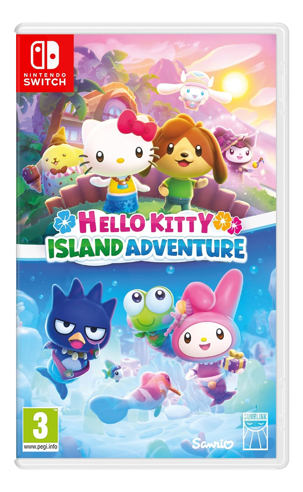 Cover des Spiels Hello Kitty Island Adventure. Zeigt Hello Kitty, andere Charaktere und den Spieletitel auf tropischem Hintergrund.