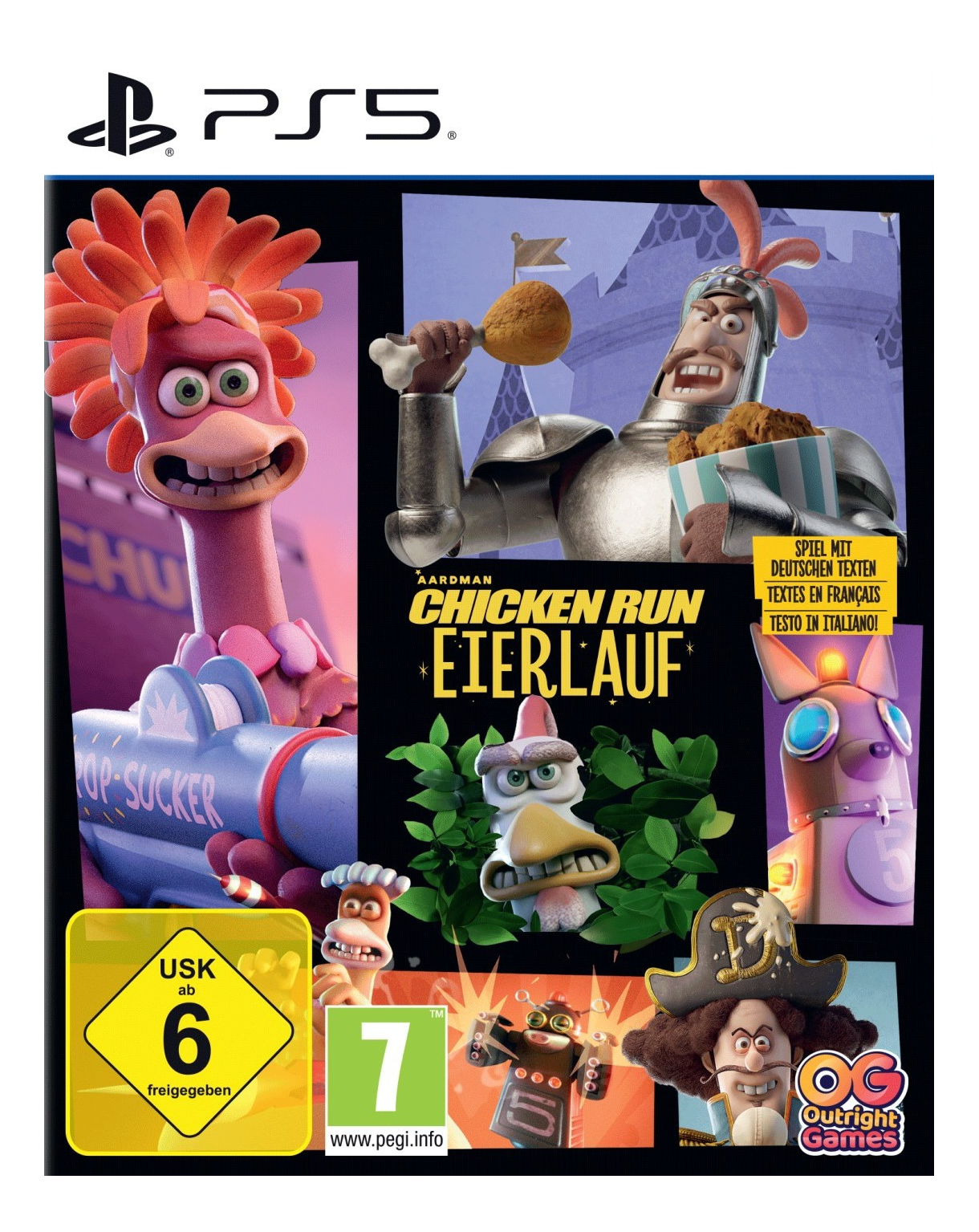 Una copertina del gioco PS5 di Chicken Run: Eierlauf, con polli dei cartoni animati e un cavaliere, con simboli di classificazione per età e loghi.