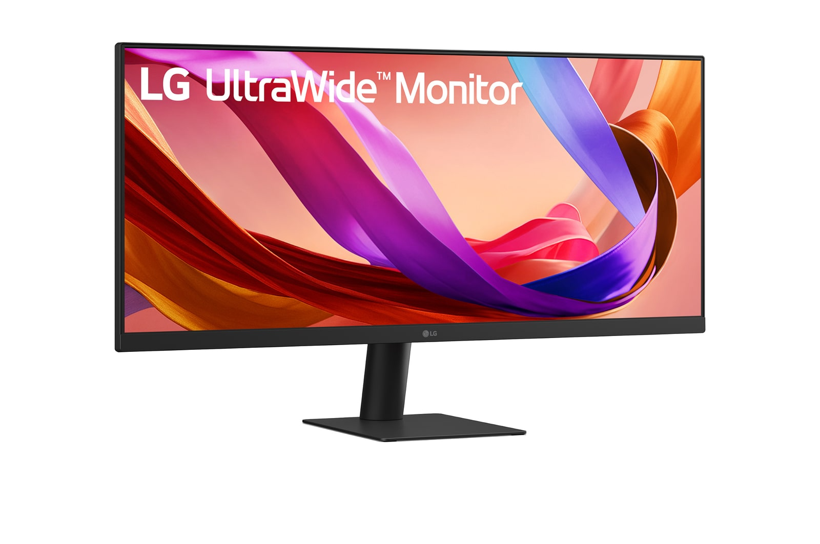 LG UltraWide monitor. Fekete keret, fekete állvány, színes absztrakt háttér. Fehér szöveg a monitoron.