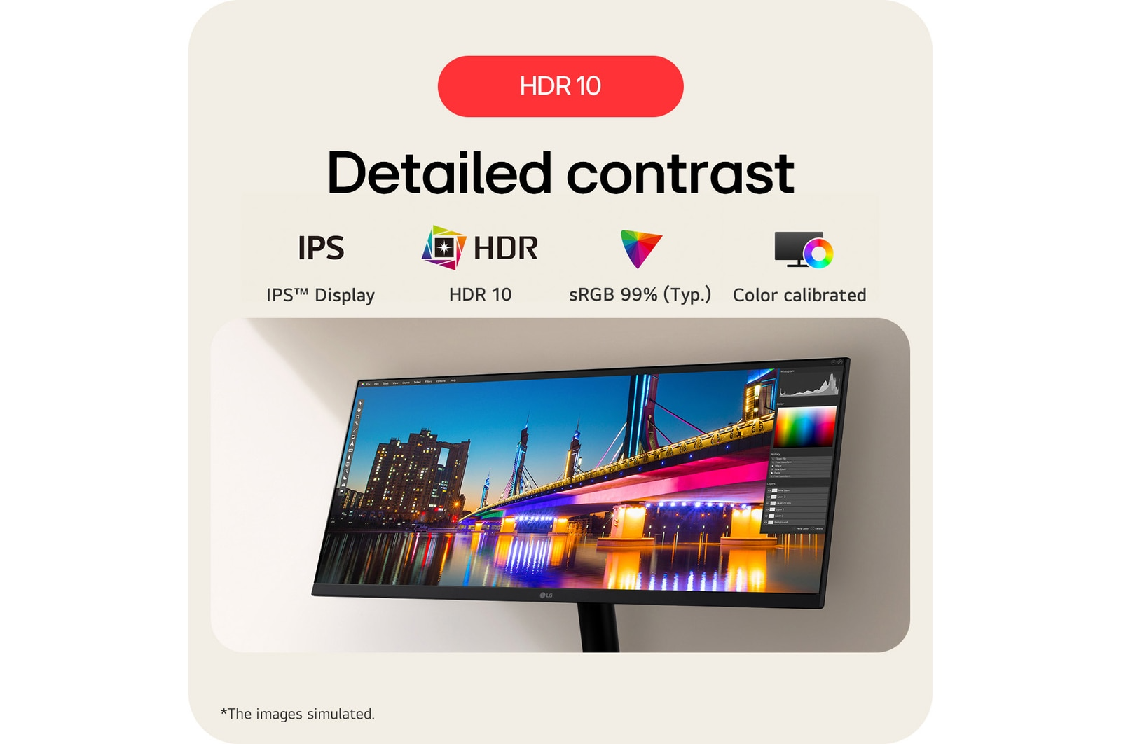 A monitor éjszaka egy hidat jelenít meg, HDR10, sRGB és színkalibrálási funkciókkal, amelyek a képen ki vannak emelve.