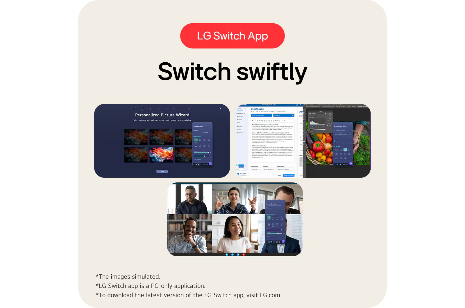 A képen az LG Switch App felülete látható, alkalmazás képernyőképekkel és egy csoportos videohívás mosolygó emberekkel.