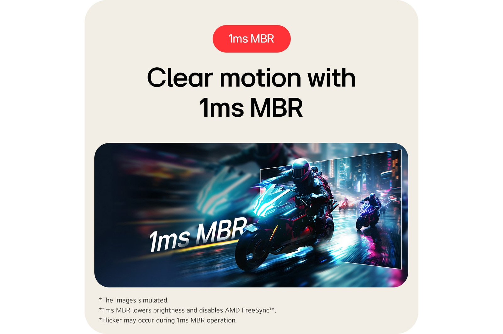 A képen egy versenymotor látható élénk fényekkel. A szöveg a következő: 'Clear motion with 1ms MBR'. A háttérben egy város látható.