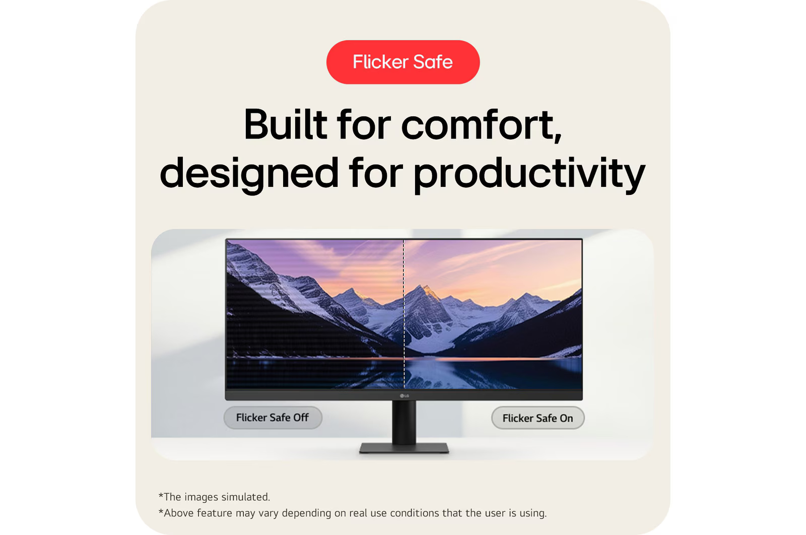 Egy LG monitor osztott képernyőt jelenít meg. A bal oldalon villogó hatás látható, a jobb oldalon stabil. A szöveg: 'Flicker Safe'.