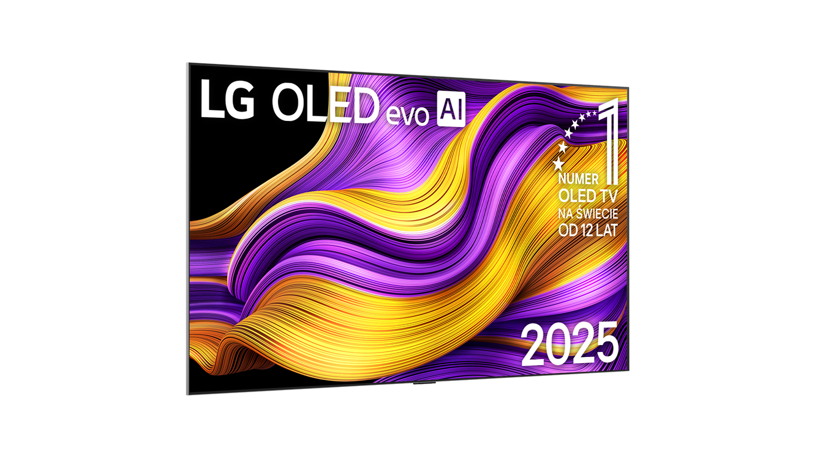 Telewizor LG OLED evo AI. Czarna ramka, dynamiczny design fioletowych i żółtych fal. Tekst: '2025' i 'Numer 1 OLED TV'.