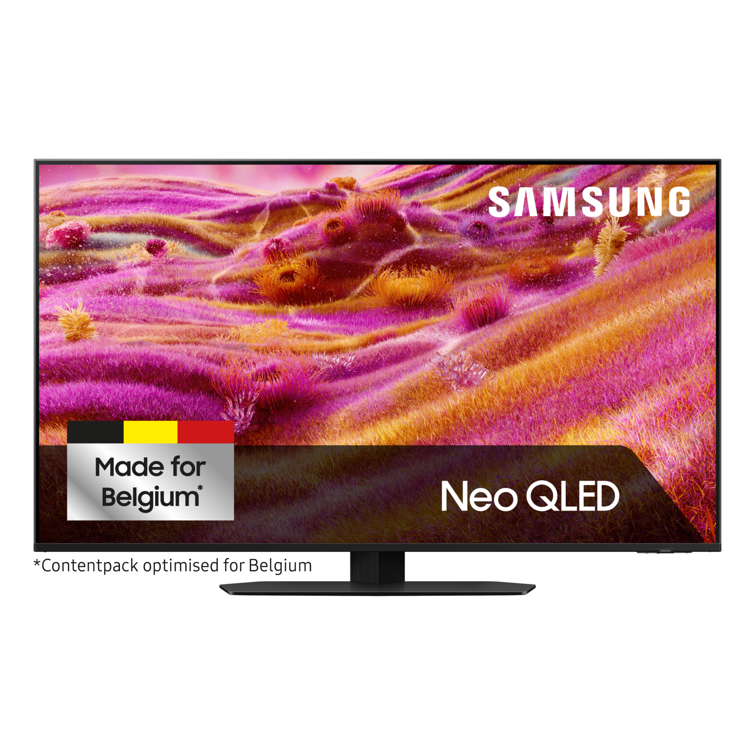 A Samsung Neo QLED TV displays a colorful landscape. The screen has the text 'Made for Belgium' and 'Neo QLED' on it.