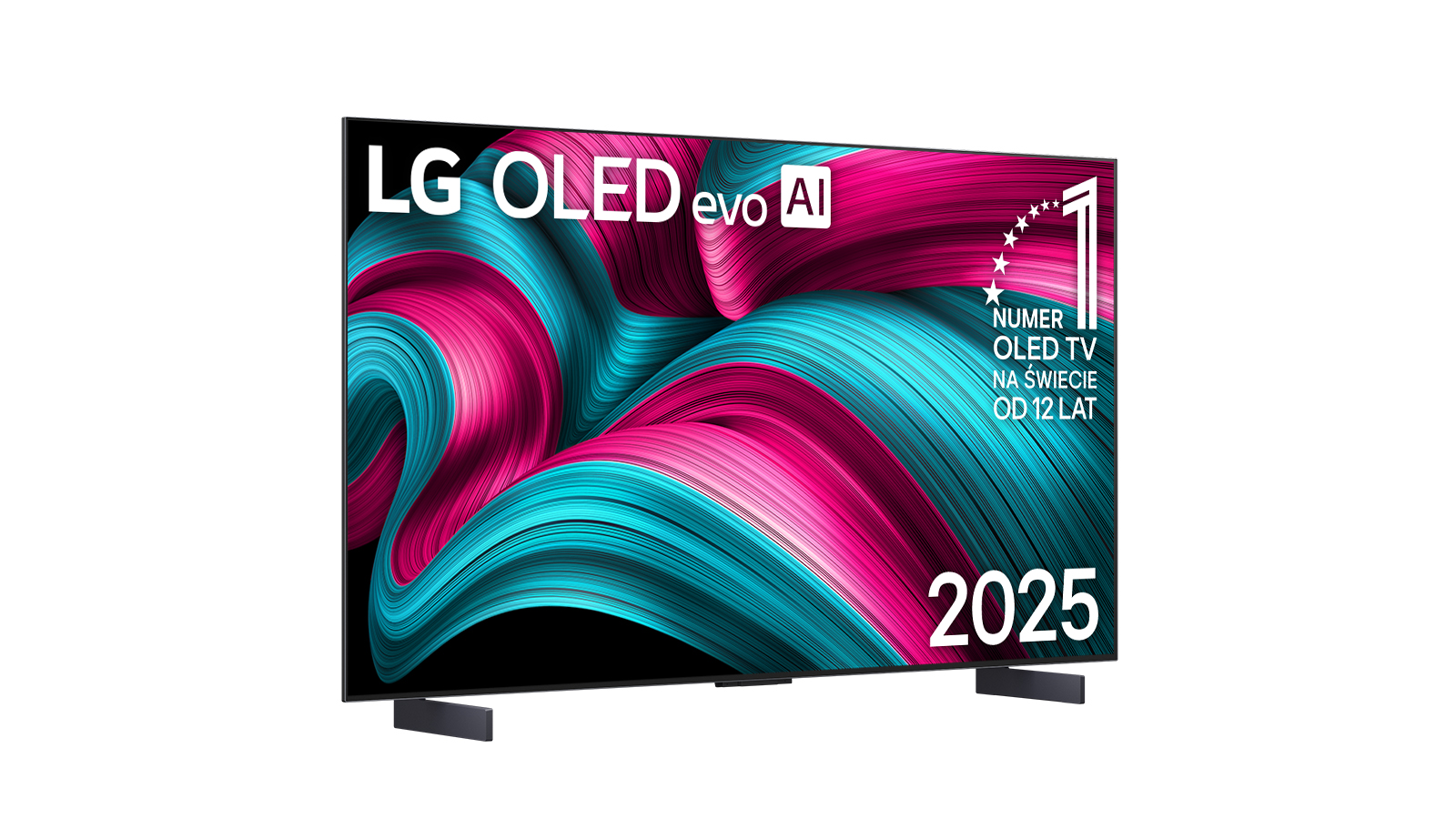Telewizor LG OLED evo AI 2025. Ekran ma wirujący turkusowo-różowy wzór. To numer 1 telewizor OLED od 12 lat.
