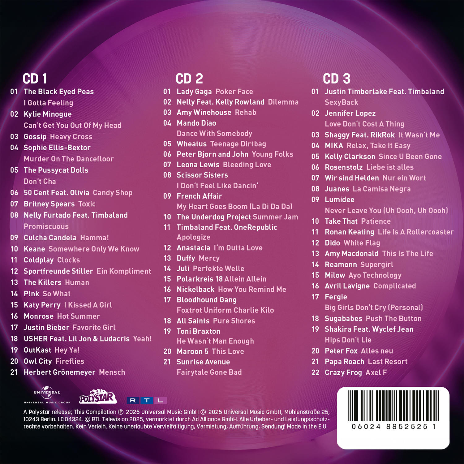 CD-Cover mit Songtiteln und Künstlern. Zu den Listen gehören The Black Eyed Peas, Justin Timberlake, Lady Gaga und mehr.